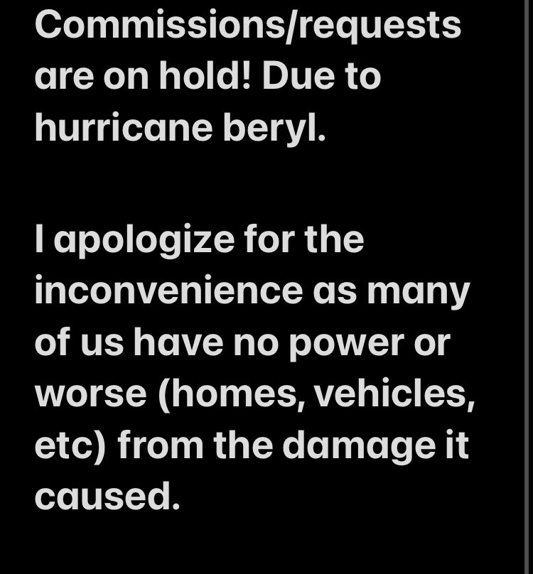Learddesign's tweet photo. Commissions are on hold due to hurricane beryl.  I survived it luckily! But it has done major damage to Texas. https://t.co/XyyasVAAxZ
