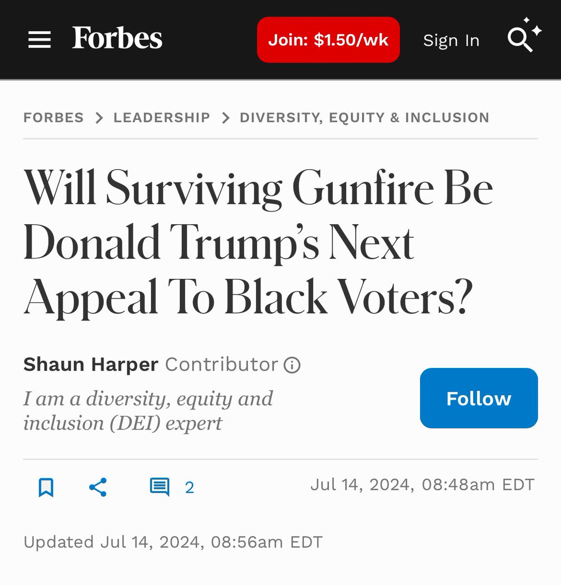 DramaAlert's tweet photo. Is Forbes’s RACIST for this headline? 

“Will surviving gunfire be Donald Trump’s next appeal to black voters”

Written by their DEI expert. 🤦‼️ https://t.co/5Xy0IVprj7