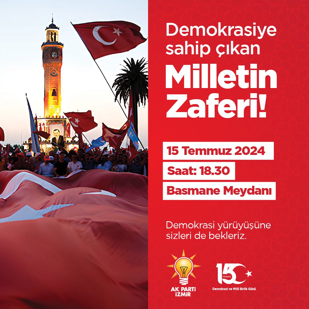 Bilalsaygili's tweet photo. 15 Temmuz Demokrasi ve Millî Birlik Günü’nün yıl dönümünde Basmane Meydanı’ndan başlayacak olan Demokrasi Yürüyüşü’ne tüm hemşehrilerimiz davetlidir. 

🗓️ 15 Temmuz 2024 Pazartesi 
🕟 18:30  
📍 Basmane Meydanı https://t.co/U9ZB88HedO