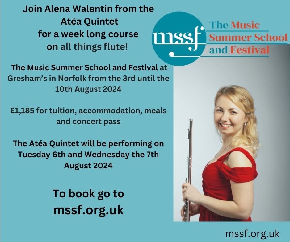 🌞 The Music Summer School and Festival 🌞

📅 27/7 - 10/8/24
📍 North Norfolk

2 weeks of incredible concerts, engaging talks, and exciting events!

🎵Special Highlight 🎵
Join our past trustee Alena Walentin to focus on all things flute!

mssf.org.uk