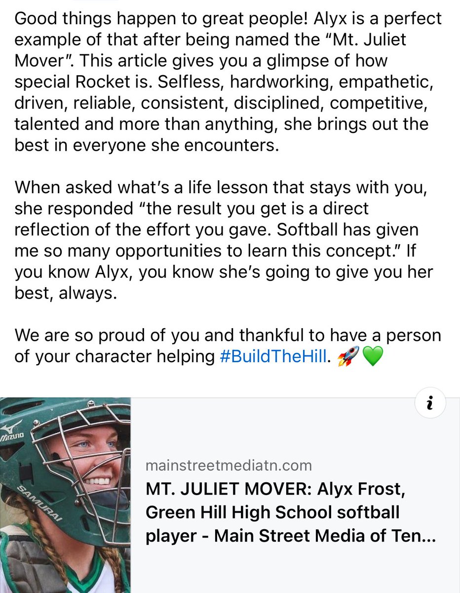 Green Hill Softball (@greenhillhighsb) on Twitter photo Congrats to <a href="/AlyxFrost/">Alyx Frost</a> on being named Mt. Juliet Mover! We are so proud of you and thankful to have a person of your character helping #BuildTheHill. 🚀💚
mainstreetmediatn.com/articles/chron… Congrats to <a href="/AlyxFrost/">Alyx Frost</a> on being named Mt. Juliet Mover! We are so proud of you and thankful to have a person of your character helping #BuildTheHill. 🚀💚
mainstreetmediatn.com/articles/chron…