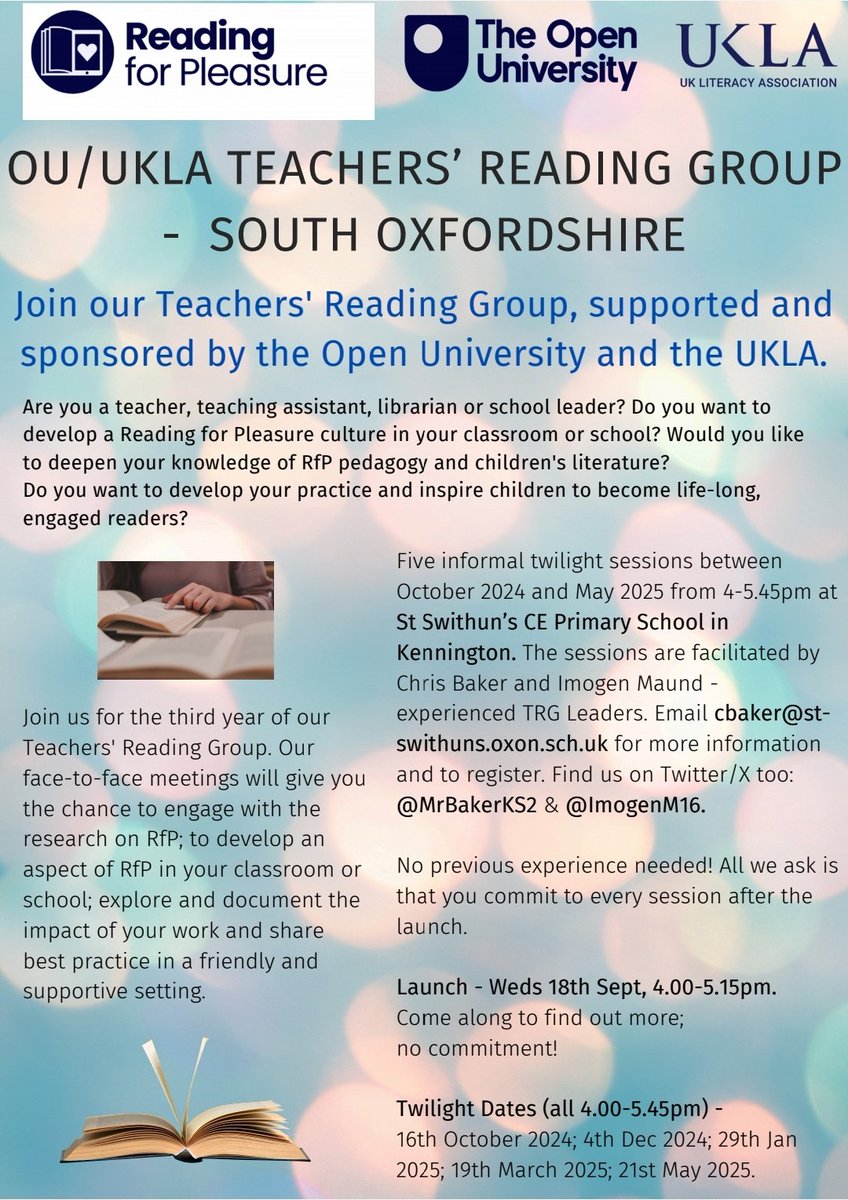 Imogen M16 (@imogenm16) on Twitter photo 📣 Calling everyone interested in reading for pleasure and based in Oxfordshire! 📣 <a href="/MrBakerKS2/">Chris Baker</a> and I will be running our friendly Teachers' Reading Group again this year and would love you to join! Take a look at the info below and drop us a message. 👇🏼 📣 Calling everyone interested in reading for pleasure and based in Oxfordshire! 📣 <a href="/MrBakerKS2/">Chris Baker</a> and I will be running our friendly Teachers' Reading Group again this year and would love you to join! Take a look at the info below and drop us a message. 👇🏼