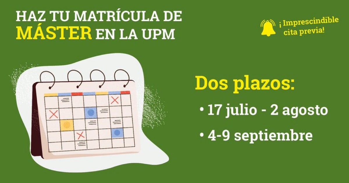 Matrícula para estudiantes de #máster en la #UPM
Dos plazos: 
17 de julio al 2 de agosto 
4 al 9 de septiembre
Información: short.upm.es/ar781