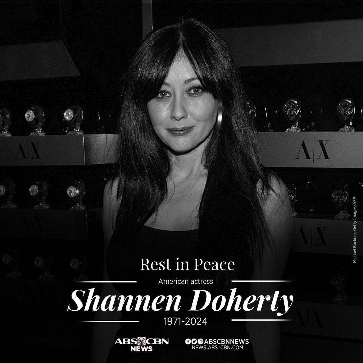 ABSCBNNews's tweet photo. Rest in peace.

Shannen Doherty, the actress known for her roles in "Beverly Hills, 90210" and "Charmed," has died at 53 after a long battle with cancer, People magazine reported.

READ: https://t.co/P2X93kf7uW https://t.co/tjh4n4GHTl