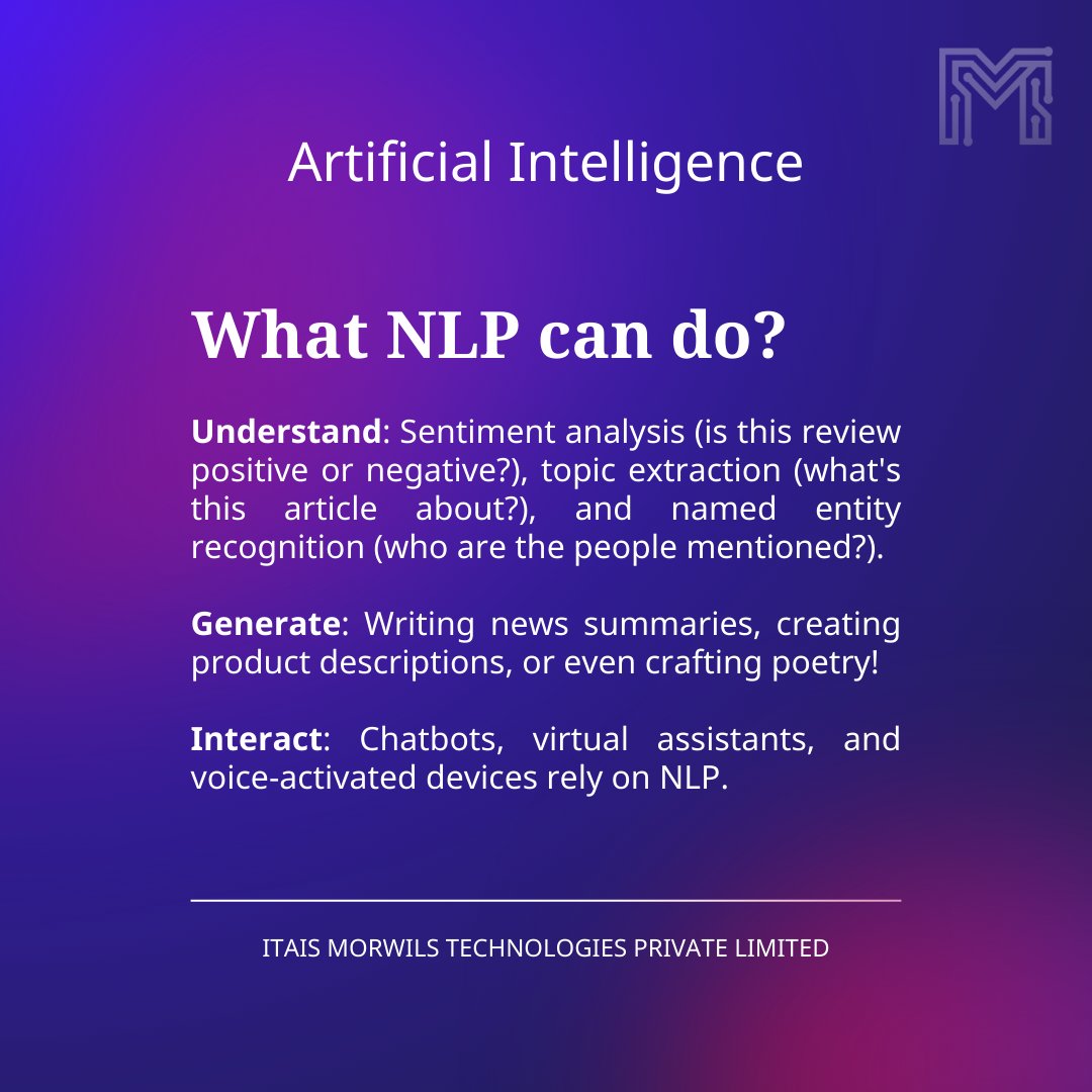 MorwilsTech's tweet photo. Words have power, and at Morwils, we're harnessing that power with NLP. 

#itaismorwilstechnologiesprivatelimited #ai #NLP #nlp #naturallanguageprocessing #artificialintelligence #deeplearning #machinelearning #morwilstechnologies #morwils #Morwils #AI https://t.co/f0SFFHNFx4