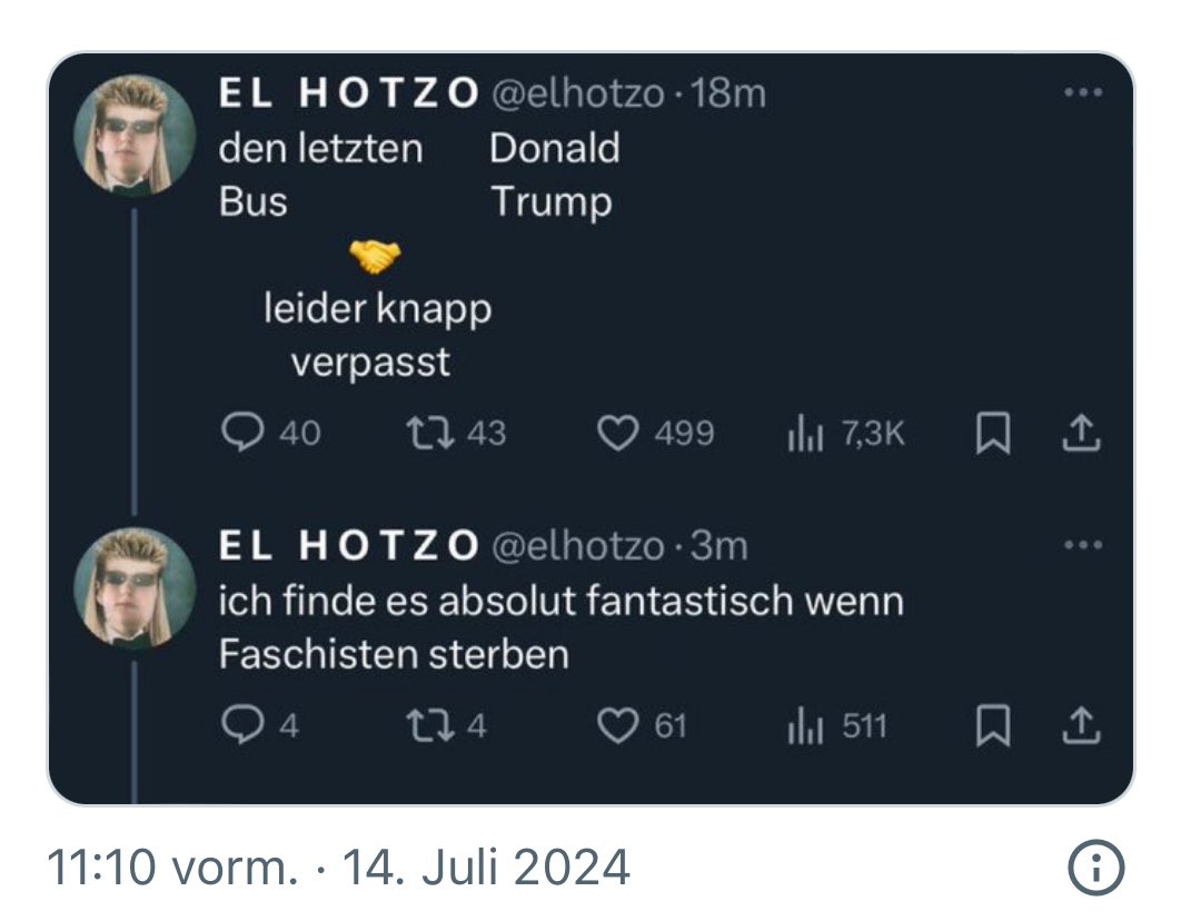 JulianAdrat's tweet photo. Der Fall El Hotzo gibt Deutschland die Möglichkeit seine Würde zurückzubekommen. Unser GEZ-Blutsauger wünscht öffentlich den Tod eines Menschen per Kopfschuss. Nach drakonischen Strafen für „Alles für…“, für die Benennung von Gruppenvergewaltigerstatistiken, jetzt ist die Chance sich als echter Rechtsstaat zu outen: Hotzo gehört verurteilt. Das öffentliche Billigen schwerer Straftaaten ist strafbar.