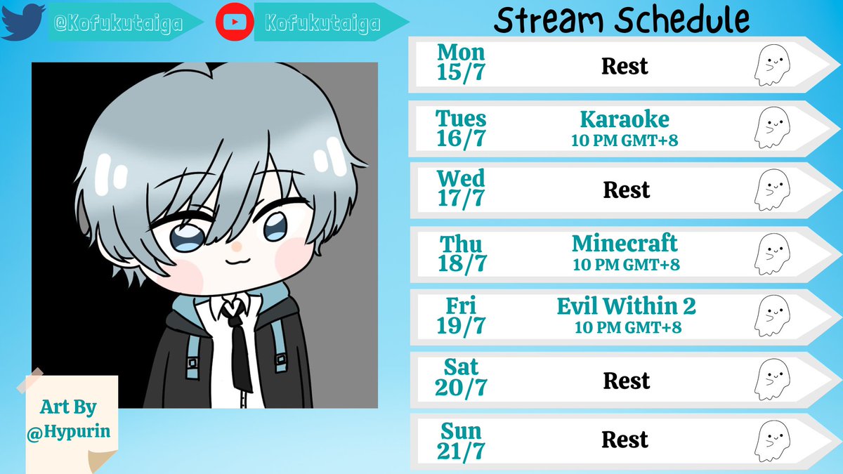 KofukuTaiga's tweet photo. Hey Ghosties, Here is this week's schedule. Hope you can join the stream ૮₍ ˶ᵔ ᵕ ᵔ˶ ₎ა

Art by @/Hypurin

Here are the Tags:
🔴Live:#SpookyTime
🎨Art:#TaigART
👻Fan:#Ghosties
😜Meme:#GhosThings

#ENVtubers #Vtuber #MYVT #MalaysiaVTuber #VTuberUprising https://t.co/ZBXZ9CDzzs