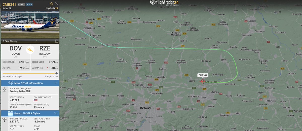alternativewip's tweet photo. #AtlasAir 747-46NF seen on the flight radar coming in for approach and landing at rzeszow poland, aircraft having departed from dover air force base. #CMB341 #A57AD0 https://t.co/GkJH39xYLa