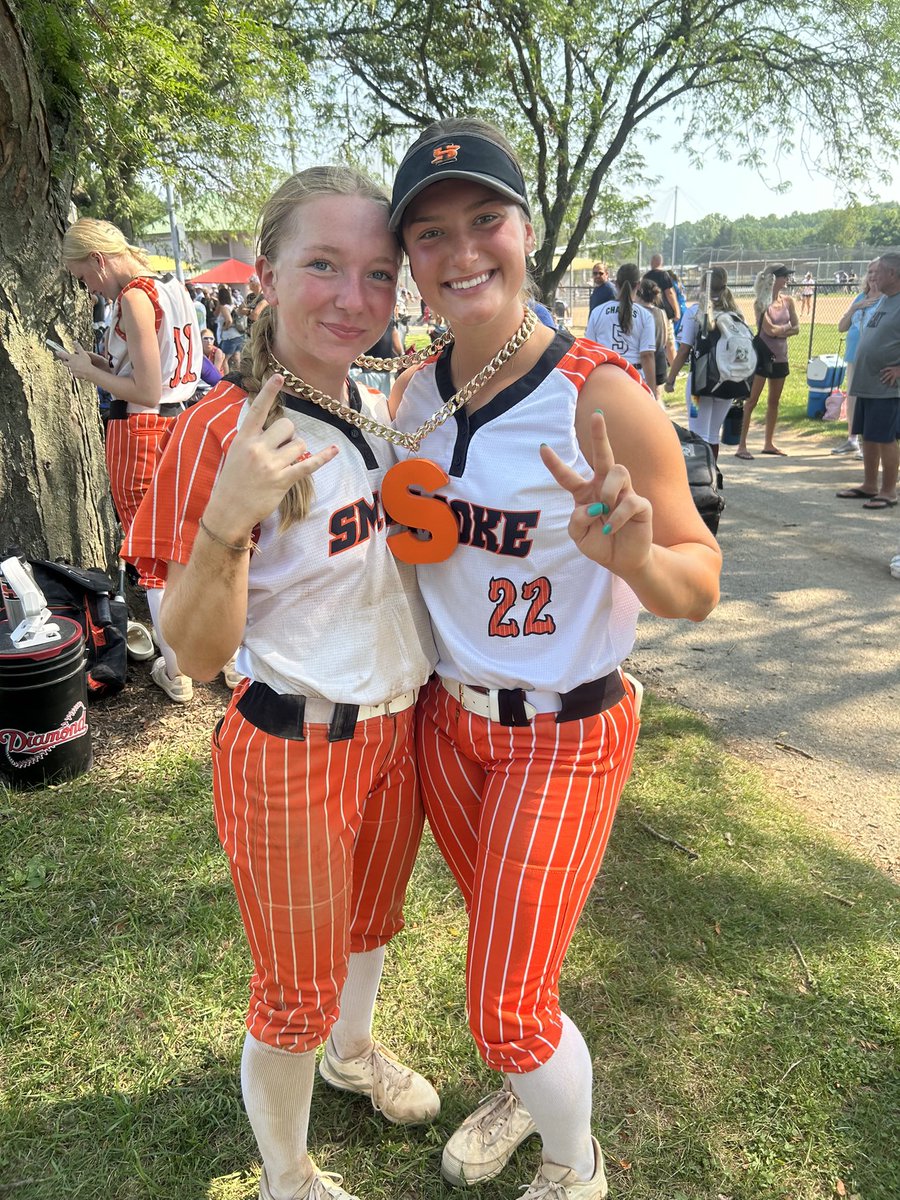 IndianaSmoke's tweet photo. Grace G. and Bailey P. from our 18U Church 🥎 team each hit 2 home-runs at the USSSA Hoosier Invitational in Bloomington, IN this weekend!  They are sporting the Smoke Power Chain! Great job, ladies!! 🧡🖤 https://t.co/tSqHtQKqnR