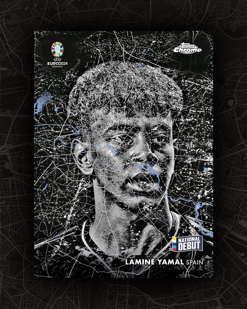Topps's tweet image. 𝗙𝗜𝗥𝗦𝗧 𝗟𝗢𝗢𝗞: Lamine Yamal &amp;amp; Jude Bellingham’s ultra-rare “Berlin at Night” cards from the upcoming 2024 Topps Chrome UEFA EURO set…
