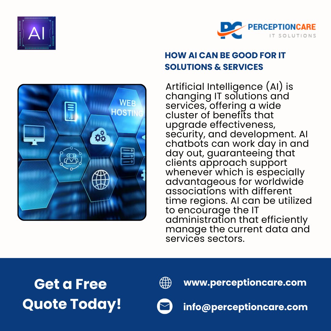 perceptioncare's tweet photo. How AI can be good for IT Solutions &amp; Services

Artificial Intelligence (AI) is changing IT solutions and services, offering a wide cluster of benefits.

Read More: https://t.co/HbonqxQ5zO

#IT #apps #solutions #services #development #perceptioncare #design #AI https://t.co/mtbJuAGJH3