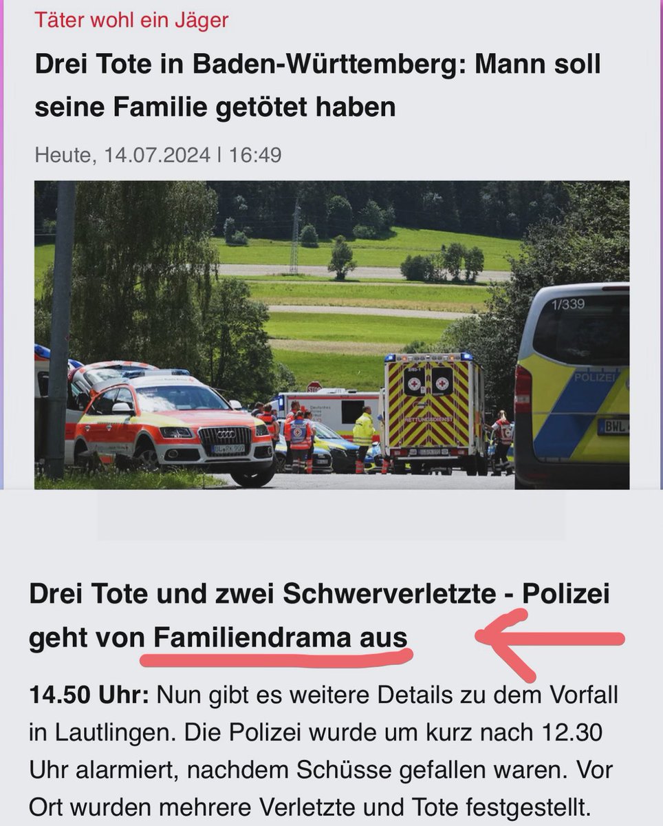 Ein deutscher #Christlamist tötet seine Familie, Medien berichten. Doch das Wording ist interessant. Beim deutschen Christen ist es nur eine #Familientragödie denn #Ehrenmorde wären es wenn es #Muslime gewesen wären. Stille in der Nazibubble…