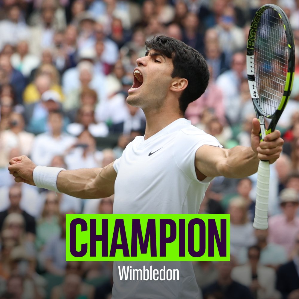 WeAreTennisFR's tweet image. 🏆 ALCARAZ FAIT LE DOUBLÉ À WIMBLEDON 🇪🇸

Incroyable Carlos Alcaraz qui conserve son titre à Londres en dominant le septuble champion Novak Djokovic en 3 sets secs 6-2 6-2 7-6 !

4ème Grand Chelem en 4 finales 💪