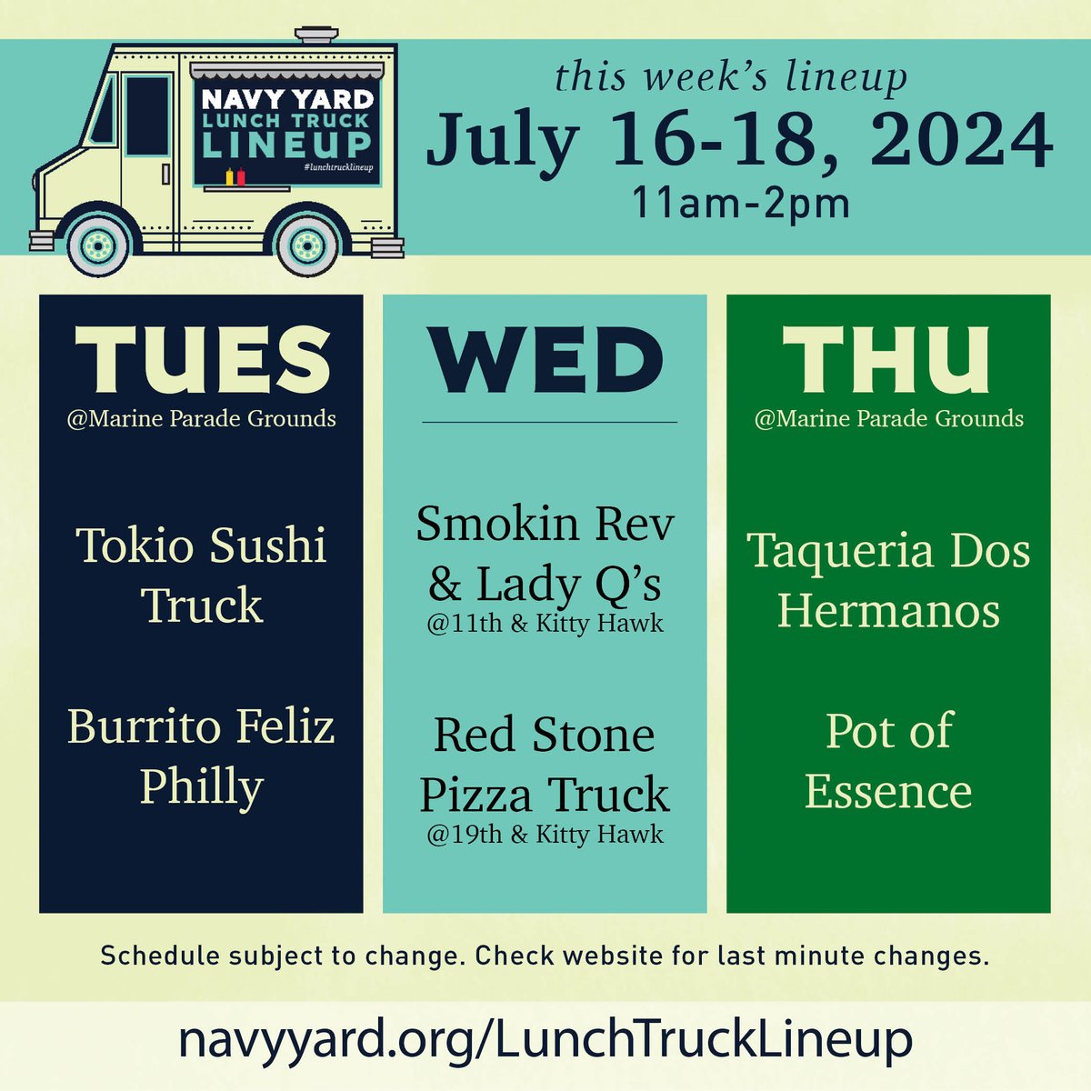 NavyYardPhila's tweet image. We got some summer classics for the #lunchtrucklineup this week! 

Tues - Tokio Sushi Truck and Burrito Feliz Philly
Wed - Smokin Rev &amp;amp; Lady Q's BBQ and Red Stone Pizza Truck
Thurs - Taqueria Dos Hermanos and Pot of Essence

#navyyardeats #discovertheyard #navyyardphilly