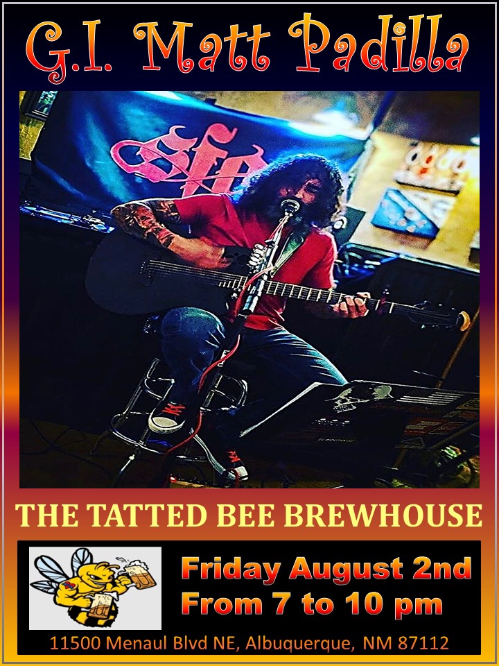 TheBandSFA's tweet photo. Next month, on Friday August 2nd, g.i. Matt Padilla of SFA will be playing at Albuquerque's newest sport's bar The Tatted Bee Brewhouse off of Menaul and Juan Tabo from 7-10pm. Good times with friends is what it's all about. Hope to see you all there! https://t.co/lu0192LdOh