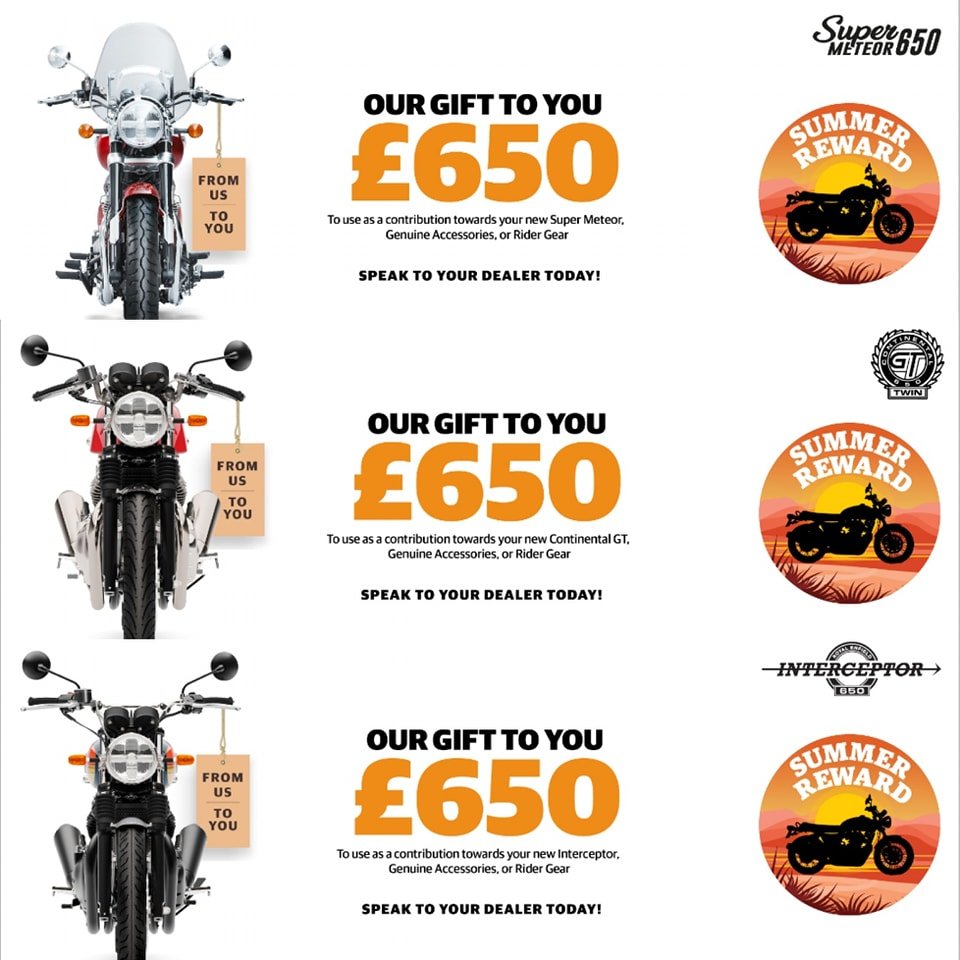 LtdManhattan's tweet photo. And now the £650 offer on the 650's. You can choose from either a £650 deposit contribution, genuine accessories or genuine clothing. 

Offer valid on these 650s; Interceptor, GT and The Super Meteor. Call into Manhattans today. Offer valid until Ag 5th. https://t.co/cskHeJtjM6 https://t.co/ncrBdryViI