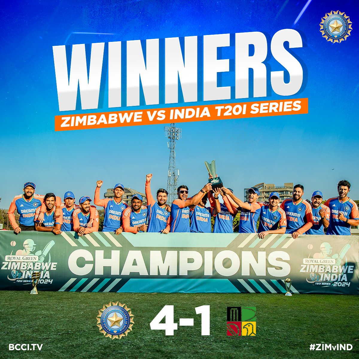BCCI's tweet photo. 𝙒𝙄𝙉𝙉𝙀𝙍𝙎!

#TeamIndia clinch the T20I series 4⃣-1⃣ 👏👏

Scorecard ▶️ https://t.co/TZH0TNJKro

#ZIMvIND https://t.co/ulza0Gwbd7