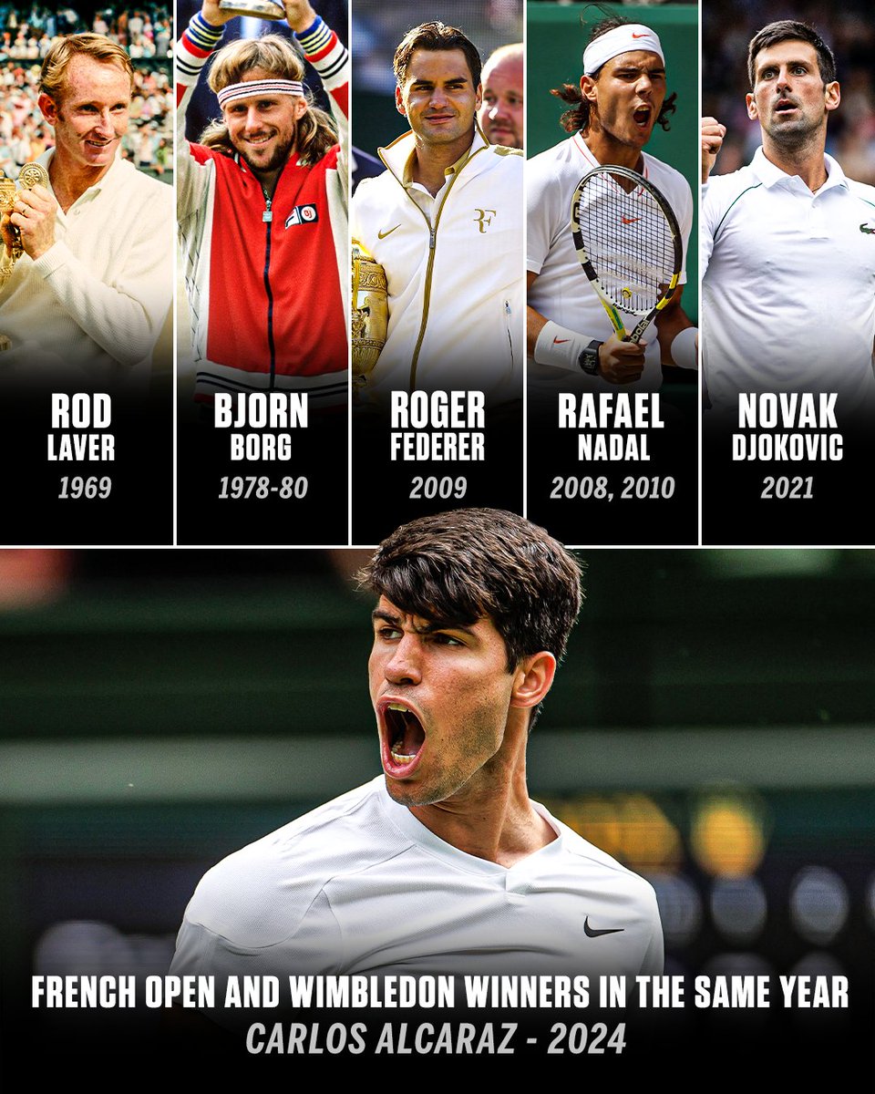 SportsCenter's tweet photo. Carlos Alcaraz is only the sixth male player to win the French Open and Wimbledon singles trophy in the same year since 1968 👏 

Elite company for the Spaniard 🇪🇸 https://t.co/ggDb4HSKCb
