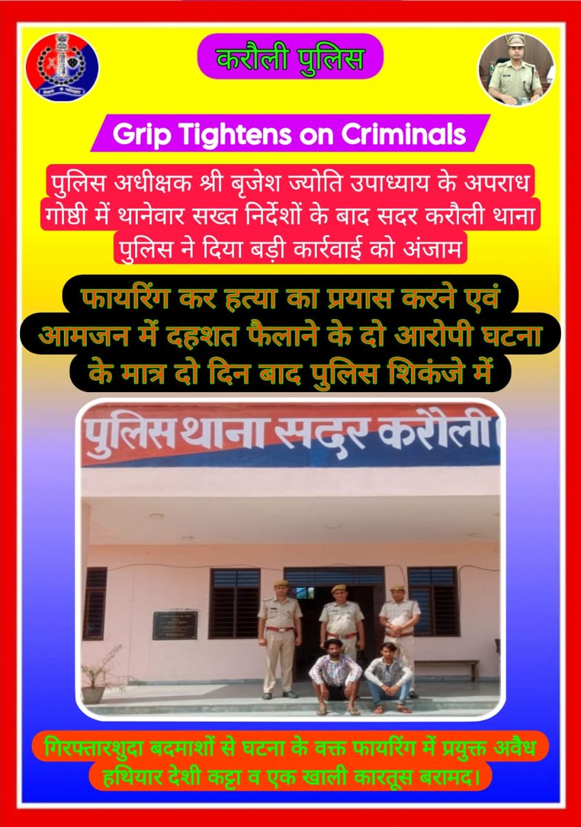 KarauliPolice's tweet photo. पुलिस अधीक्षक श्री बृजेश ज्योति उपाध्याय के अपराध गोष्ठी में थानेवार सख्त निर्देशों के बाद सदर करौली थाना पुलिस ने दिया बड़ी कार्रवाई को अंजाम ।

✍️फायरिंग कर हत्या का प्रयास करने एवं आमजन में दहशत फैलाने के दो आरोपी घटना के मात्र दो दिन बाद पुलिस शिकंजे में। 

✍️1.फौजी उर्फ शिकारी गुर्जर निवासी रामपुर धावाई 2.शीशराम गुर्जर निवासी चूरियाकी पुलिस गिरफ्त में। 

✍️गिरफ्तारशुदा दोनों बदमाशों से घटना के वक्त फायरिंग में प्रयुक्त अवैध हथियार देसी कट्टा व एक खाली कारतूस बरामद।

✍️घटना के खुलासे व अवैध हथियार की बरामदगी में आसूचना अधिकारी कानिस्टेबल धवल सिंह की रही विशेष भूमिका
@IgpBharatpur 
@rahulprakashIPS