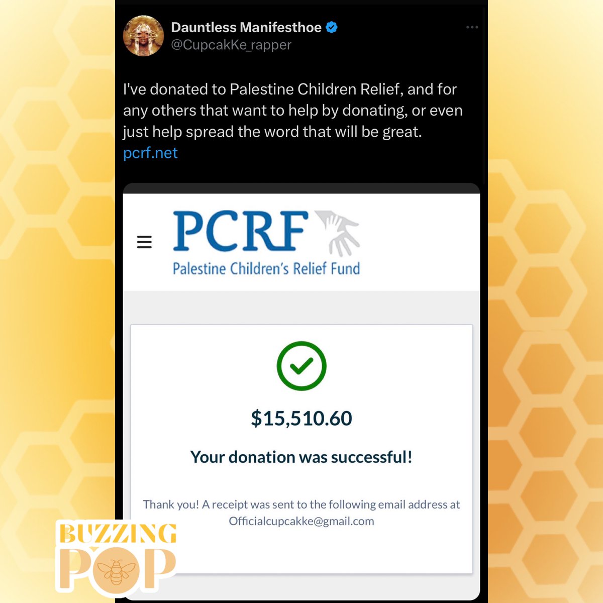 BuzzingPop's tweet photo. CupcakKe has donated to the Palestine Children’s Relief Fund. https://t.co/NCAiOApCDH