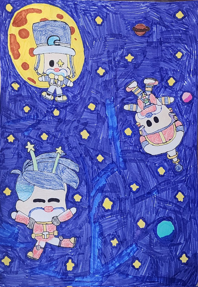 DesistoDaConta's tweet photo. (Clowning Around AU) [enquanto não tem nome oficial pra esse AU então vai esse mesmo-]

Space Clowns
(quase o mesmo tema (menos a lua), todos são emprestados pela mesma pessoa, (quase) mesma paleta de cores e todos os nomes começa com T) https://t.co/uy36CY72nl