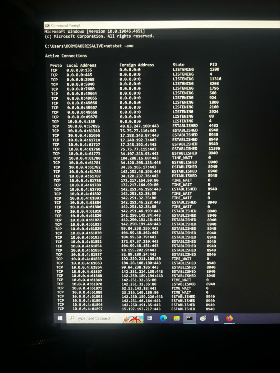 SuperWoman26245's tweet photo. I meant a tad less hacked-Always relentlessly hacked.  Matter of fact I had to get on my desktop because the criminal engineers were blocking me from DM to @SecArmy - They don't want her to see this Netstat  I just ran today because being blocked doing something #KoryBaker https://t.co/7XUW6OMW8m