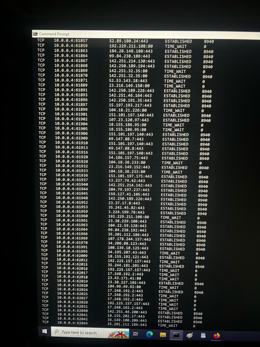 SuperWoman26245's tweet photo. I meant a tad less hacked-Always relentlessly hacked.  Matter of fact I had to get on my desktop because the criminal engineers were blocking me from DM to @SecArmy - They don't want her to see this Netstat  I just ran today because being blocked doing something #KoryBaker https://t.co/7XUW6OMW8m