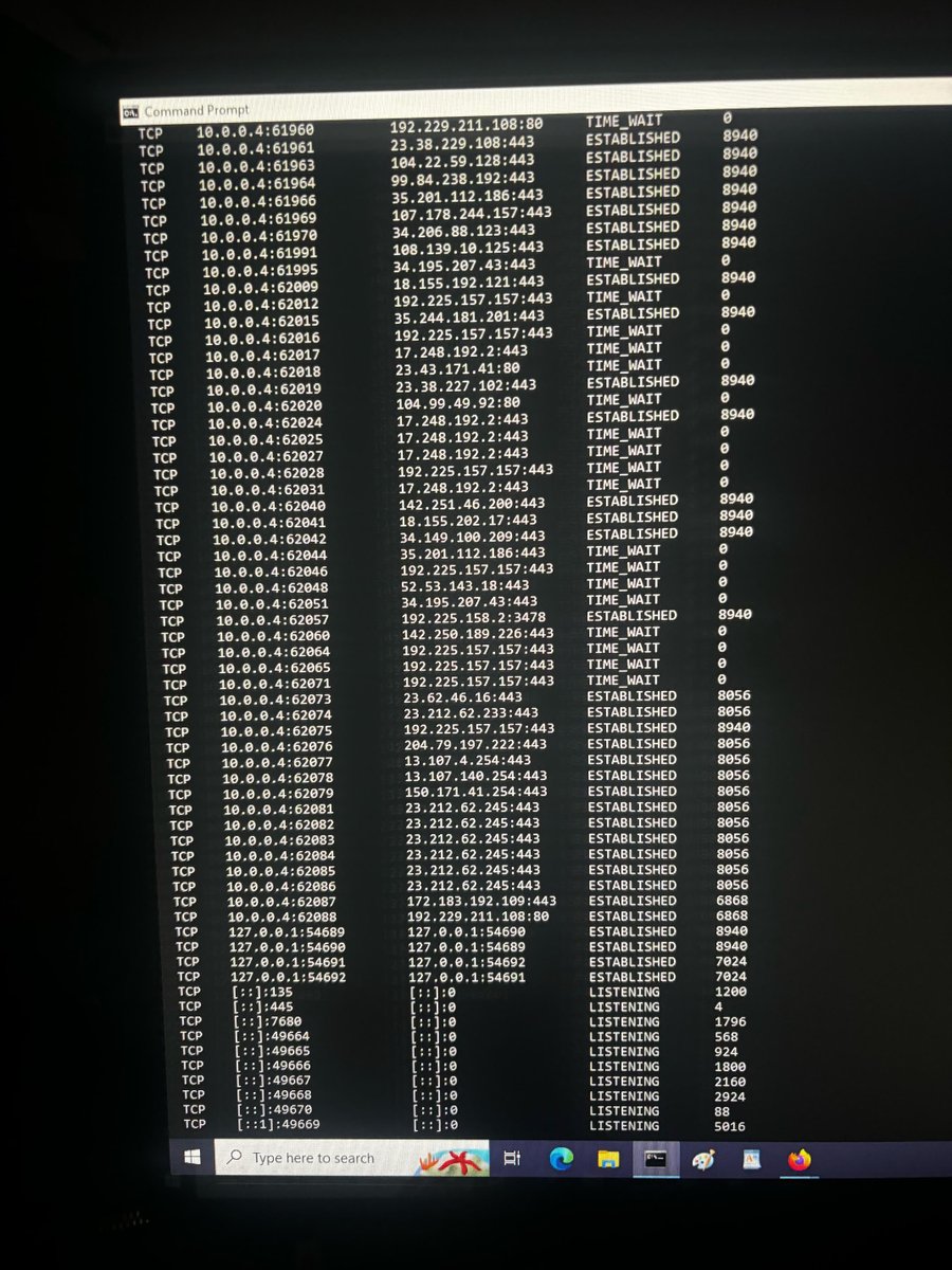 SuperWoman26245's tweet photo. I meant a tad less hacked-Always relentlessly hacked.  Matter of fact I had to get on my desktop because the criminal engineers were blocking me from DM to @SecArmy - They don't want her to see this Netstat  I just ran today because being blocked doing something #KoryBaker https://t.co/7XUW6OMW8m