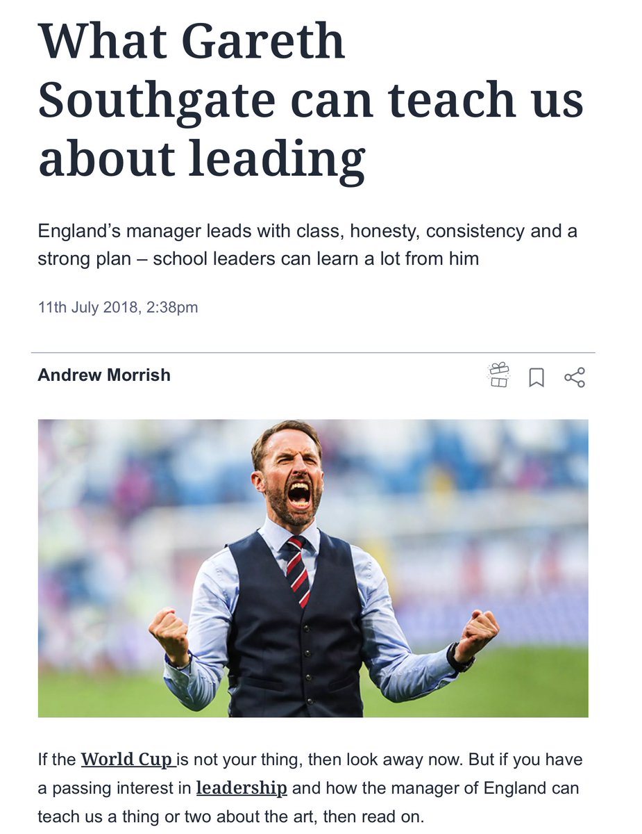 What Gareth Southgate can teach us about leading. 

I wrote this for <a href="/tes/">Tes</a> 6 years ago.

Other than ditching the waistcoat, not much has changed. He’s remained true to his principles. 

#EURO2024 

tes.com/magazine/archi…