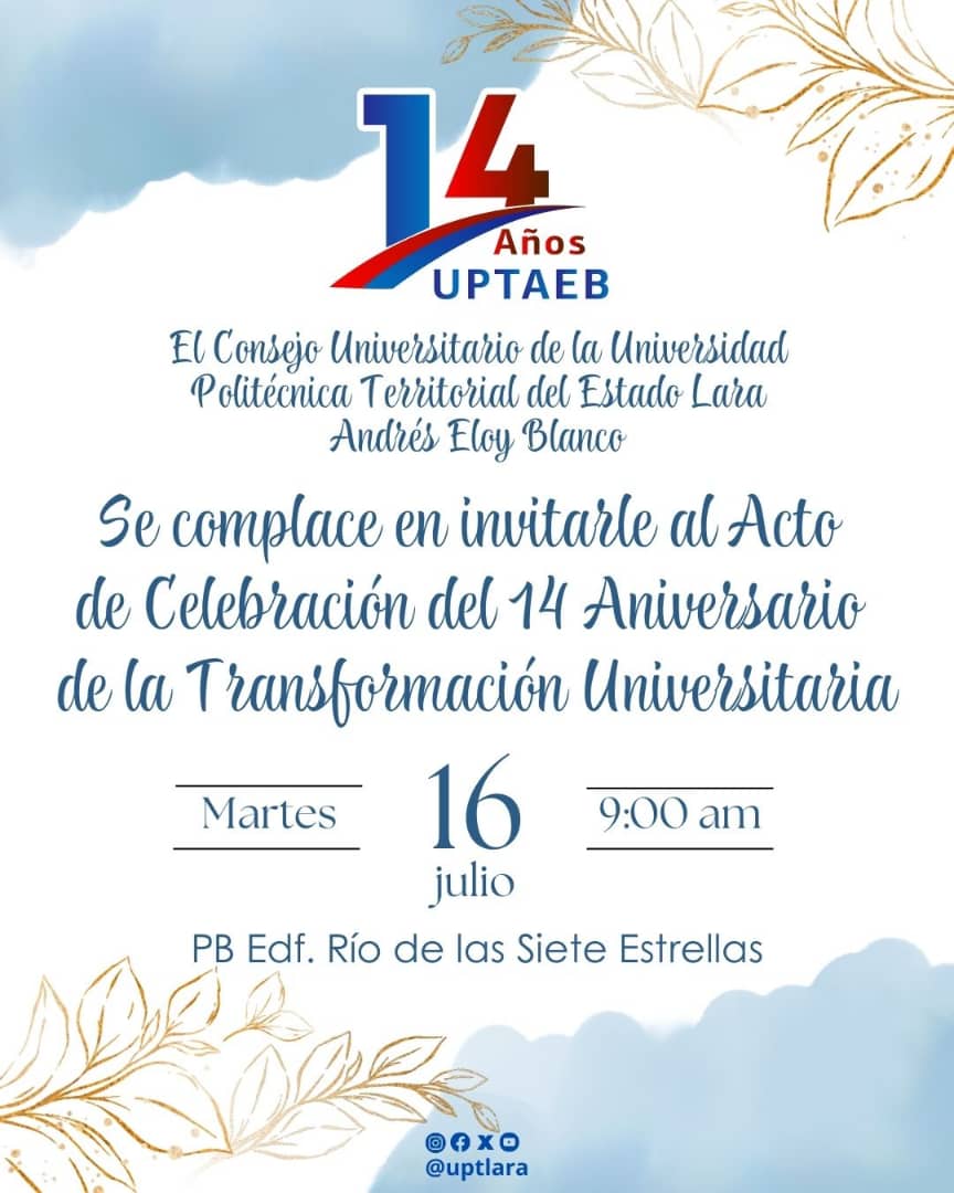 michellyvivas's tweet image. Hemos llegado a los primeros 14 años de gestión, como Universidad Politécnica Territorial de Lara. 

Formando profesionales que le dan vida al Encargo Social que define a la Política de Transformación Universitaria del Gobierno Bolivariano

Felicidades @uptlara

 #14AñosUPTAEB
