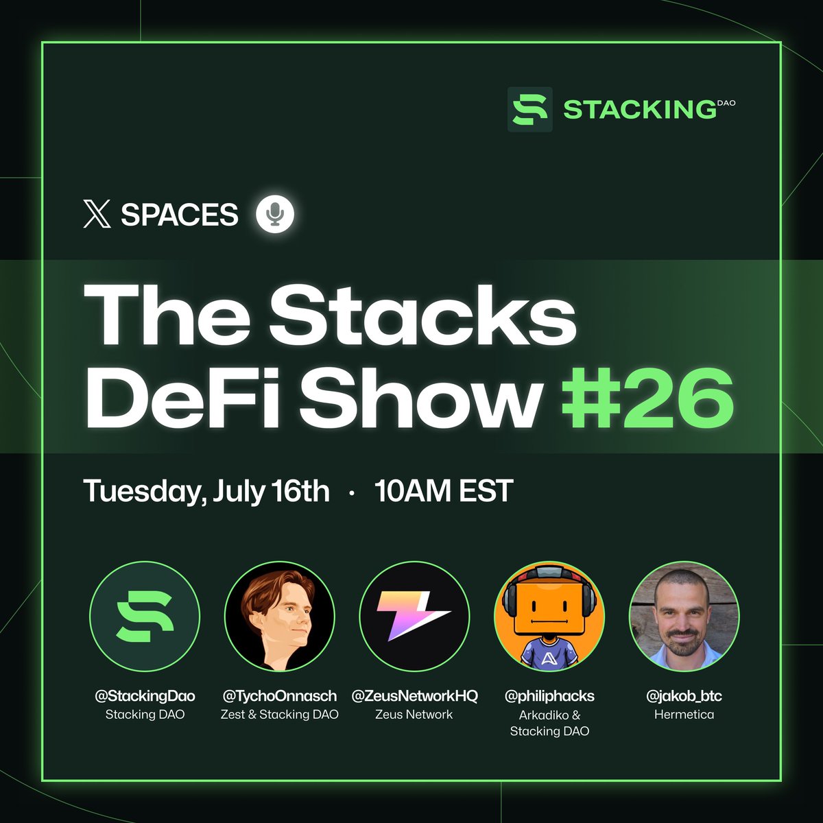 Don't miss the <a href="/Stacks/">stacks.btc</a> DeFi Show on Tuesday, 16 July, at 10 AM ET!

<a href="/ZeusNetworkHQ/">Zeus Network (EPOCH 9)</a> and <a href="/HermeticaFi/">Hermetica</a> will join to discuss scaling and unlocking Bitcoin DeFi full potential.

We are also launching a $200 giveaway! 🎁

Check the details below. ⬇️

x.com/i/spaces/1ynKO…