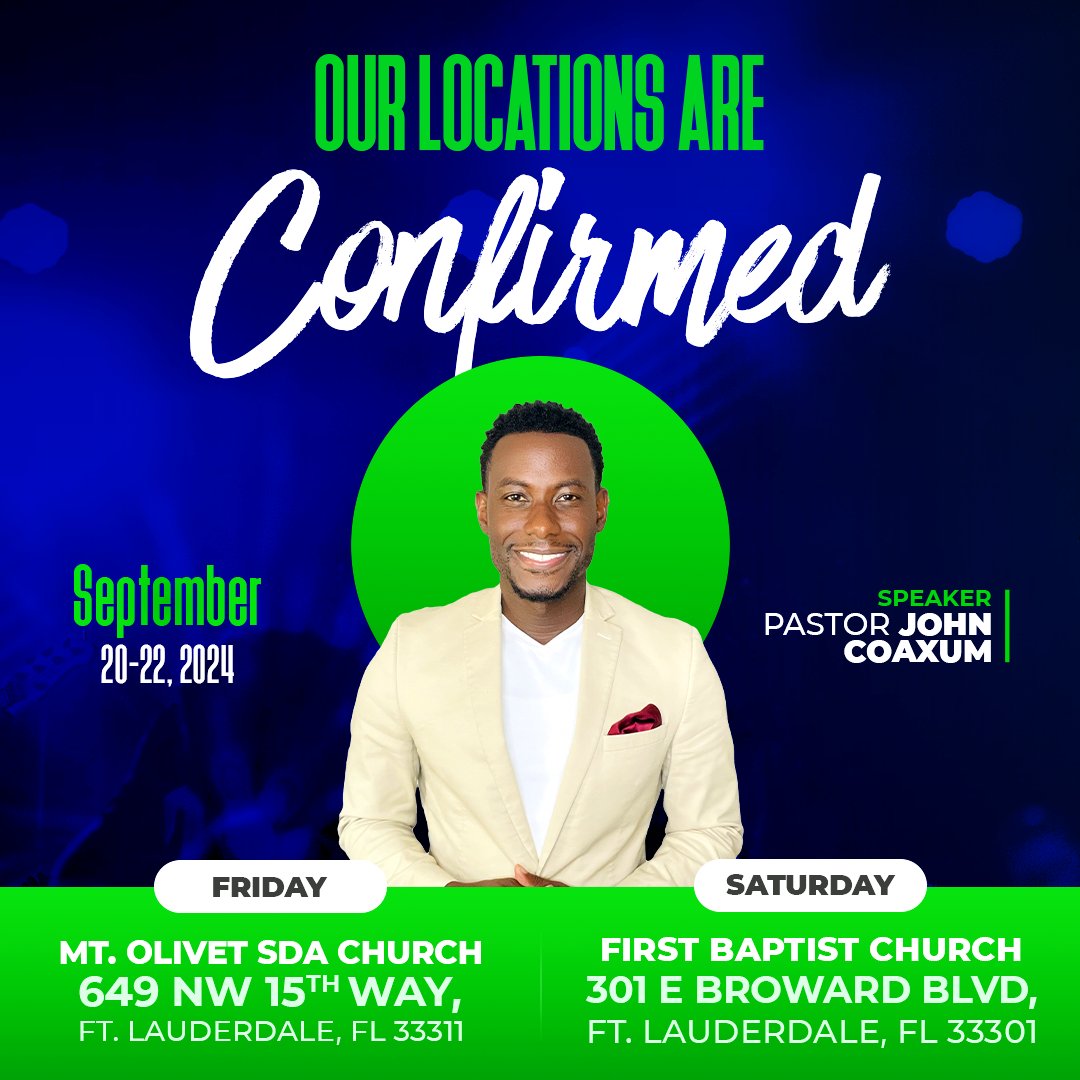 SFAYF's tweet photo. With joyful hearts, we are thrilled to announce the locations for this year’s federation: Stand and Proclaim! 📷
Friday: Mt. Olivet SDA Church
649 NW 15th Way, Ft. Lauderdale, FL 33311
Sabbath: First Baptist Church
301 E Broward Blvd., Ft. Lauderdale, FL 33301 https://t.co/8pVCT2RT3z