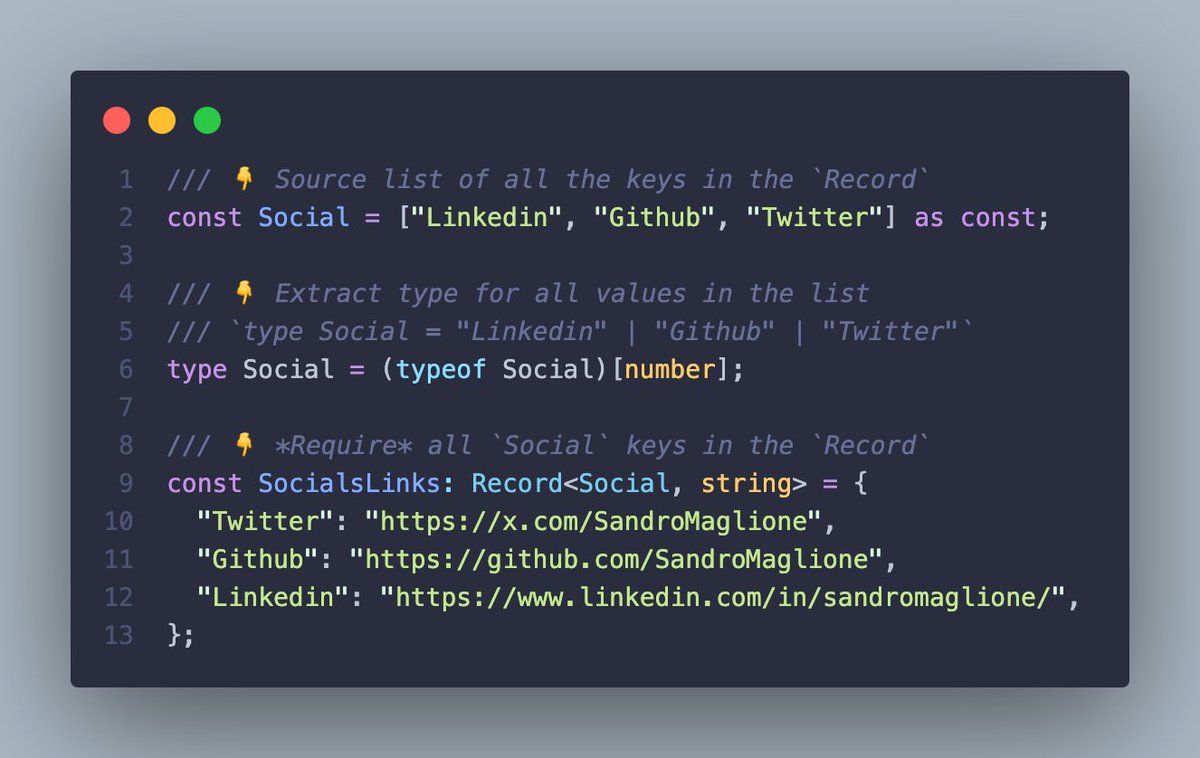 Typescript-only pattern for full type-safety: constant list + record keys

👉 `as const` to extract values from list as type
👉 `Record` key using elements in the list

This *requires* you to add the key to the record if you add a new value to the list