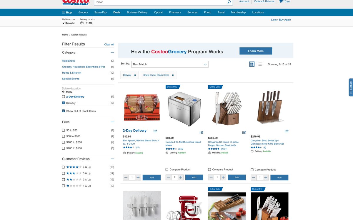 ciracdavis's tweet photo. @costco the website is absolutely unusable, why am I getting knife sets and stand mixers when the search term was bread and you're telling me about Costco grocery? How does that make sense? https://t.co/UXpLIZWOtf