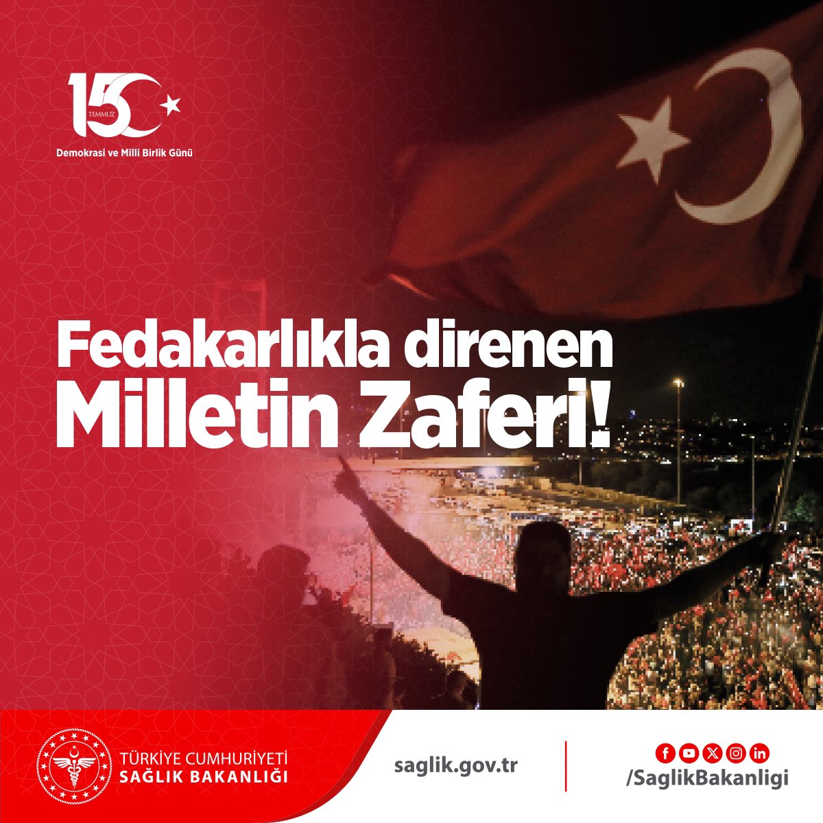 saglikbakanligi's tweet photo. 15 Temmuz 2016'daki hain darbe girişiminde canları pahasına mücadele ederek ülkemizi koruyan şehitlerimize Allah'tan rahmet diliyor, kahraman gazilerimizi minnetle anıyoruz.

Sayın Cumhurbaşkanımızın liderliğinde, Millî Mücadele ruhuyla meydanlara akın eden milletimize ve hastanelere koşan tüm sağlık çalışanlarımıza şükranlarımızı sunuyoruz.

#15Temmuz 'u ve #MilletinZaferi 'ni unutmayacağız, unutturmayacağız. 🇹🇷