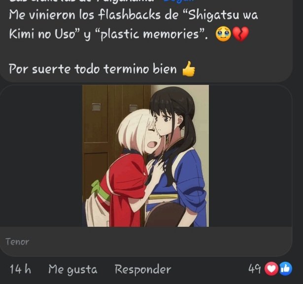 MelRh1's tweet photo. Contexto: Se preguntó en un grupo de fb "Para los que seguían Lycoris Recoil en emisión,¿Que pensaron cuando Chisato comenzó a tener problemas cardíacos?"  Y un pendejo comentó esto...
¿Que chingados tiene que ver ShigatsuMierda? Shigatsu esta sobrevalorado y es una mrda de anime https://t.co/EHKDAd2LNr