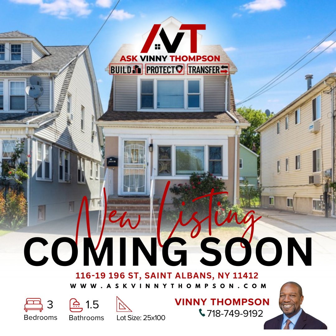 AskVinnyT's tweet photo. ✨COMING SOON✨

New listing in St. Albans NY‼️

116-19 196 St, Saint Albans, NY 11412

3 Beds 🛌
1.5 Bath 🛀
25x100 Lot Size📐

For more info 📲718-749-9292
https://t.co/4IfE122St1

#askvinnythompson #comingsoon #newlisting #newinthemarket #nycrealestate #nycrealtor #nycqueens https://t.co/4sStfglDzf