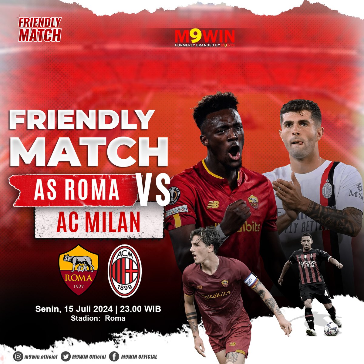 m9win's tweet photo. 🏆AS ROMA VS AC MILAN🏆
🗓️SENIN, 15 JULI 2024🗓️
⏳PUKUL : 23:00 WIB⏳
Link Login/Daftar
m 8 a s i a . c o m
#M9WIN #situsgacor #situsterpercaya #situsresmi #beritabola #ACMilan #ASRoma https://t.co/D12arintdf