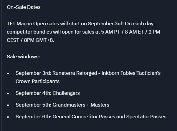 BepoCarrot's tweet photo. More Macao details:

Snapshot is 9/2, 12:15 AM. So make sure you're challenger by 9/1 night!

Ticket sales are from 9/3 through 9/6

Challenger Tickets go on sale 9/4. https://t.co/Lzd2Lyw2kq