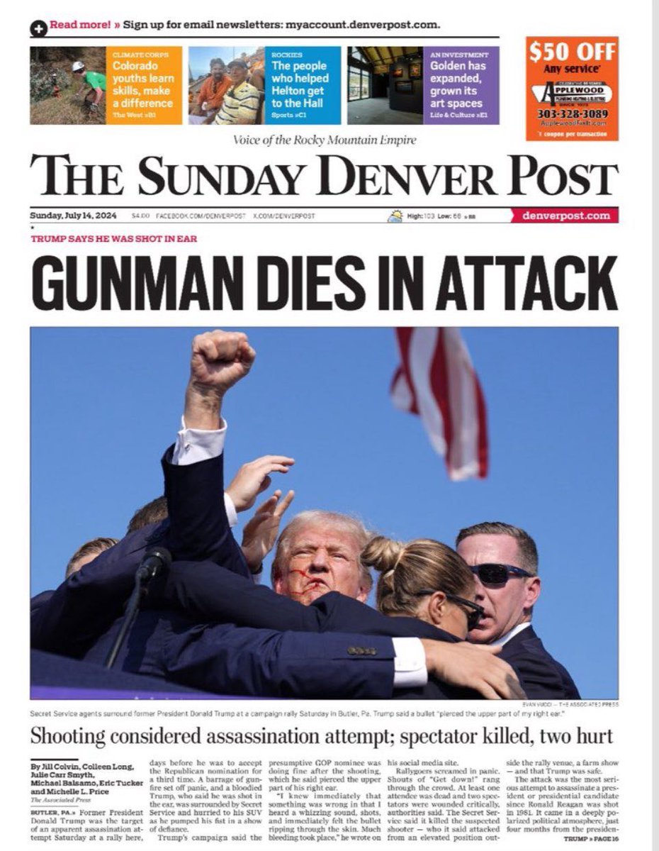 charliekirk11's tweet photo. Why is it so difficult for leftwing media outlets to write the following:

PRESIDENT TRUMP SURVIVES ATTEMPTED ASSASSINATION

Keep praying for Trump. His enemies will never rest.

@denverpost https://t.co/wp3kS9w2R8
