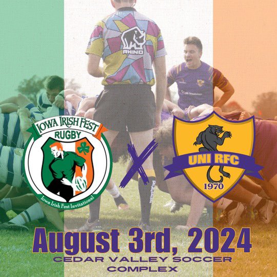 UNIMensRugby's tweet photo. Panther fans, your favorite cat crew is back! Make sure to come out and watch us play in the Iowa Irish Fest Invitational. It will take place on August 3rd at the Cedar Valley Soccer Complex in Waterloo, Iowa. Don’t forget to hit up the festival afterward! #borninthewoods https://t.co/uYwA9IqIiN