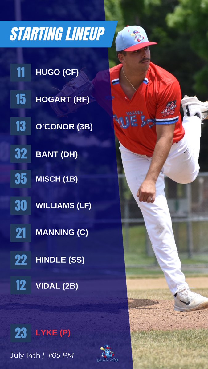Valley Blue Sox (@valleybluesox) on Twitter photo STARTING LINEUP TODAY‼️
🆚 <a href="/UVNighthawks/">Upper Valley Nighthawks</a>
📍 Mackenzie Stadium | Holyoke, MA
🕡 1:05 PM
📺 espn.com
FIRST PITCH IN LESS THAN AN HOUR!
LETS GO BLUE SOX! STARTING LINEUP TODAY‼️
🆚 <a href="/UVNighthawks/">Upper Valley Nighthawks</a>
📍 Mackenzie Stadium | Holyoke, MA
🕡 1:05 PM
📺 espn.com
FIRST PITCH IN LESS THAN AN HOUR!
LETS GO BLUE SOX!