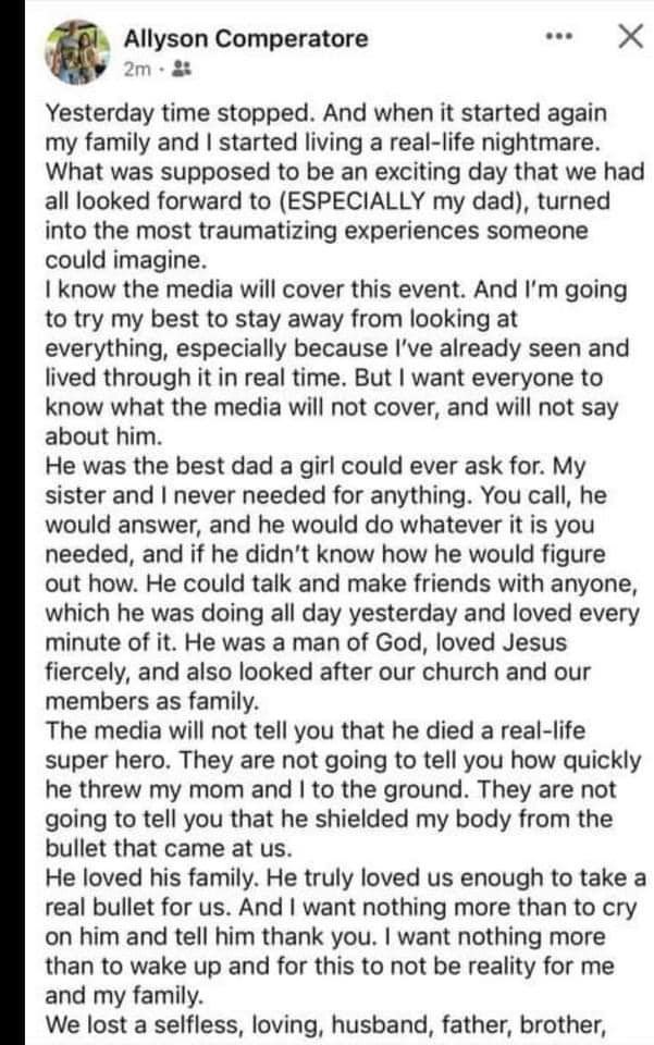 bennyjohnson's tweet photo. Meet Corey Comperatore.

Corey was the victim of the horrific attack at yesterday’s Trump rally.

He died a hero, shielding his wife and daughter from gunshots and took a bullet for them. 

Please remember this hero and pray for this man’s family 🙏🏻 https://t.co/lTUULlYe8p