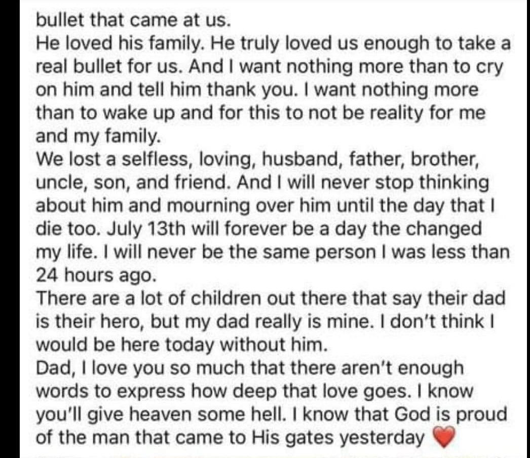 bennyjohnson's tweet photo. Meet Corey Comperatore.

Corey was the victim of the horrific attack at yesterday’s Trump rally.

He died a hero, shielding his wife and daughter from gunshots and took a bullet for them. 

Please remember this hero and pray for this man’s family 🙏🏻 https://t.co/lTUULlYe8p