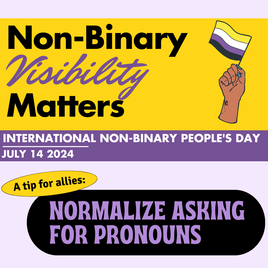 Today on International Non-Binary People's Day, let's celebrate gender diversity! Let's normalize asking for pronouns as we continue to work towards a more inclusive world! 

#nonbinarypride #lgbtqia