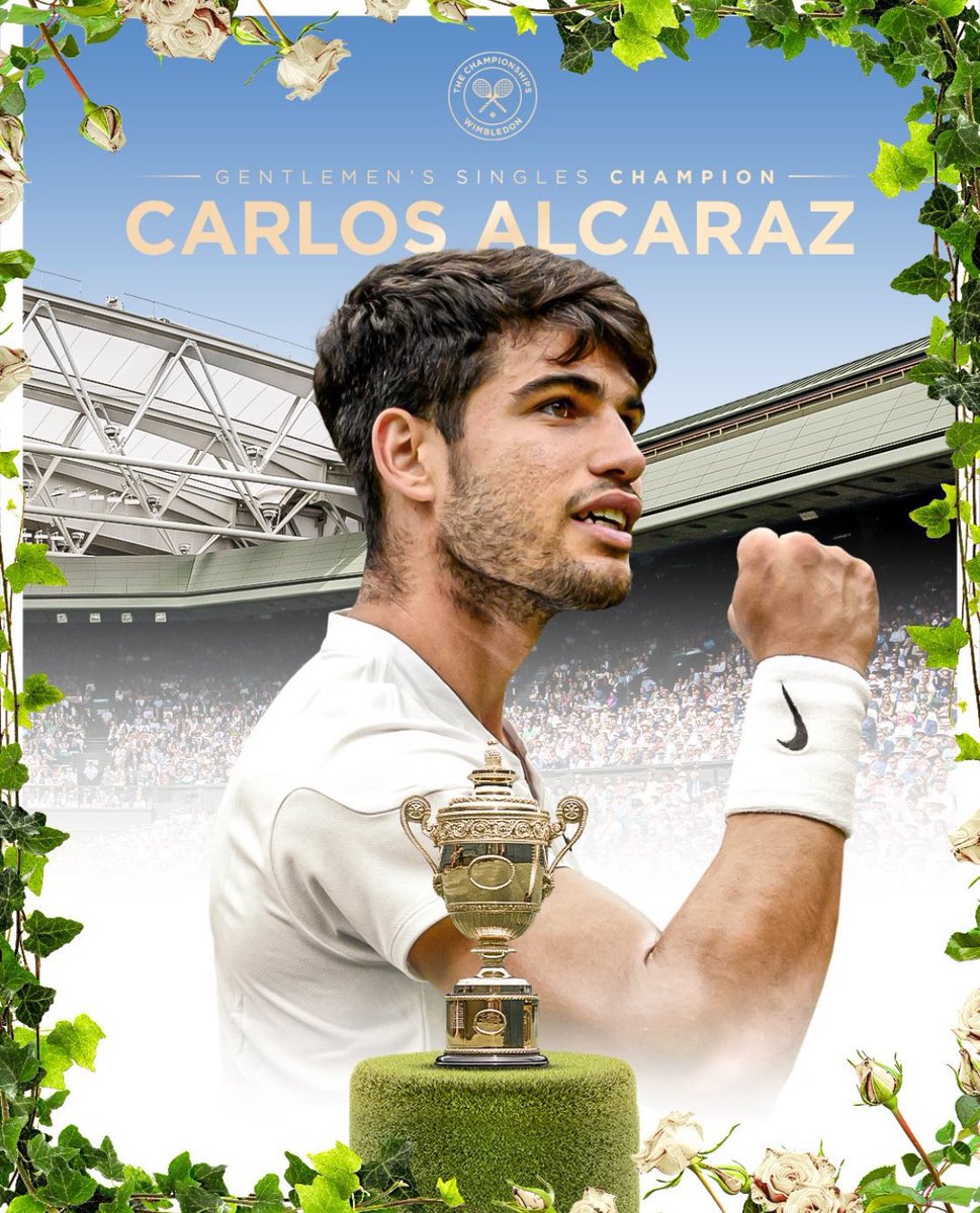 🏆🎾<a href="/carlosalcaraz/">Carlos Alcaraz</a> vuelve a ganar la gran final de Wimbledon y ya ha conseguido cuatro Grand Slam a sus 21 años.

Eres un ejemplo y un orgullo🙌🏻🙌🏻

¡ENHORABUENA CARLOS ALCARAZ!🇪🇸