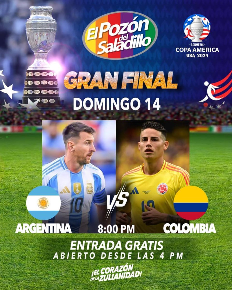 HOY domingo 14 de julio ¡Gran Final! Copa América #USA2024 
.
⚽️ Argentina Vs Colombia ⚽️
Entrada gratis 
. 
🟢Abierto desde las 4pm