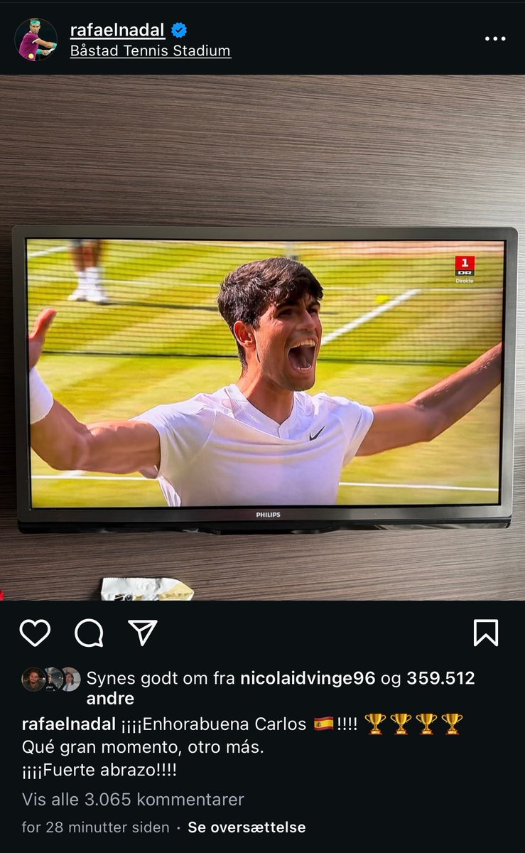 Fra hotelværelset i Båstad vælger Rafael Nadal den HELT rigtige kanal at se Alcaraz’ Wimbledon-triumf.