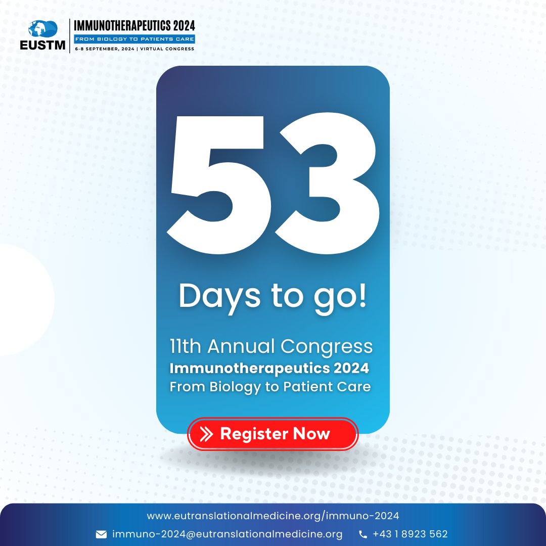 OfficialEUSTM's tweet photo. 53 Days to go for the biggest virtual congress in 2024.  The European Society for Translational Medicine (EUSTM) is thrilled to invite you to the 11th Annual Congress on Immunotherapeutics – From Biology to Patient Care (EUSTM-2024) 🌐.

Join us virtually from September 6-8, 2024, for cutting-edge discussions and innovations in immunotherapy!
👨‍⚕️👩‍🔬🧬💉✨
Click the link below to get registered: https://t.co/M8CaxE053U

#EUSTM2024 #Immunotherapy #TranslationalMedicine #HealthcareInnovation