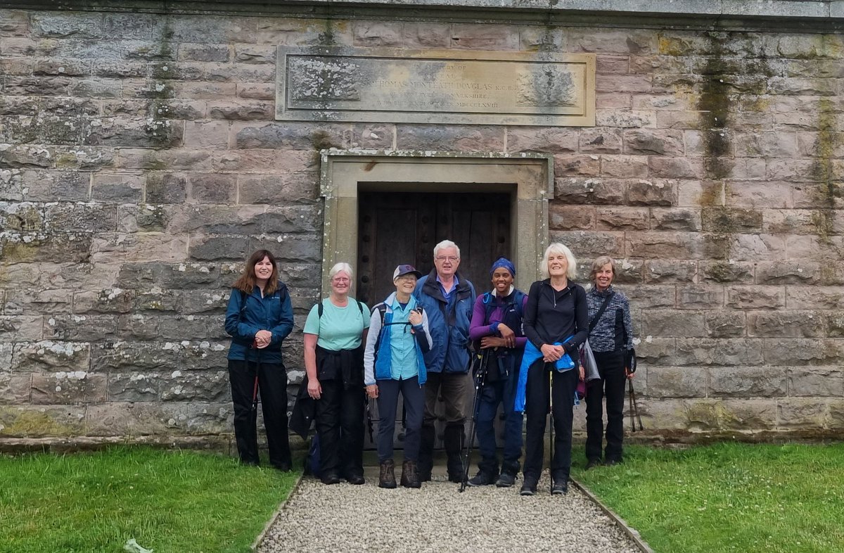 EildonRamblers's tweet photo. 10 ramblers walked today's Harestanes to Monteith Mausoleum circular. Murray treated us to facts on the Folly, Lilliard, local Scottish English battles &amp; Monteith Mausoleum, to which he got the key. We had to wade through foliage as tall as some of us at 2 points but no rain https://t.co/pJ7xR4mFrO